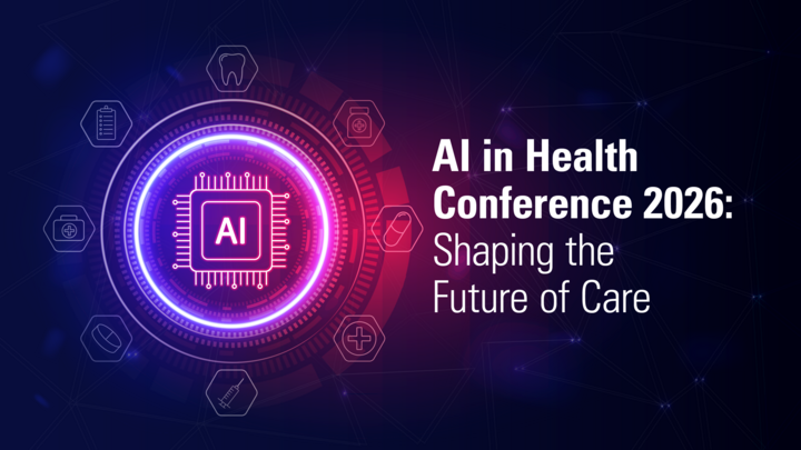 A blue and red graphic for the AI in Health Conference 2026: Shaping the Future of Care.